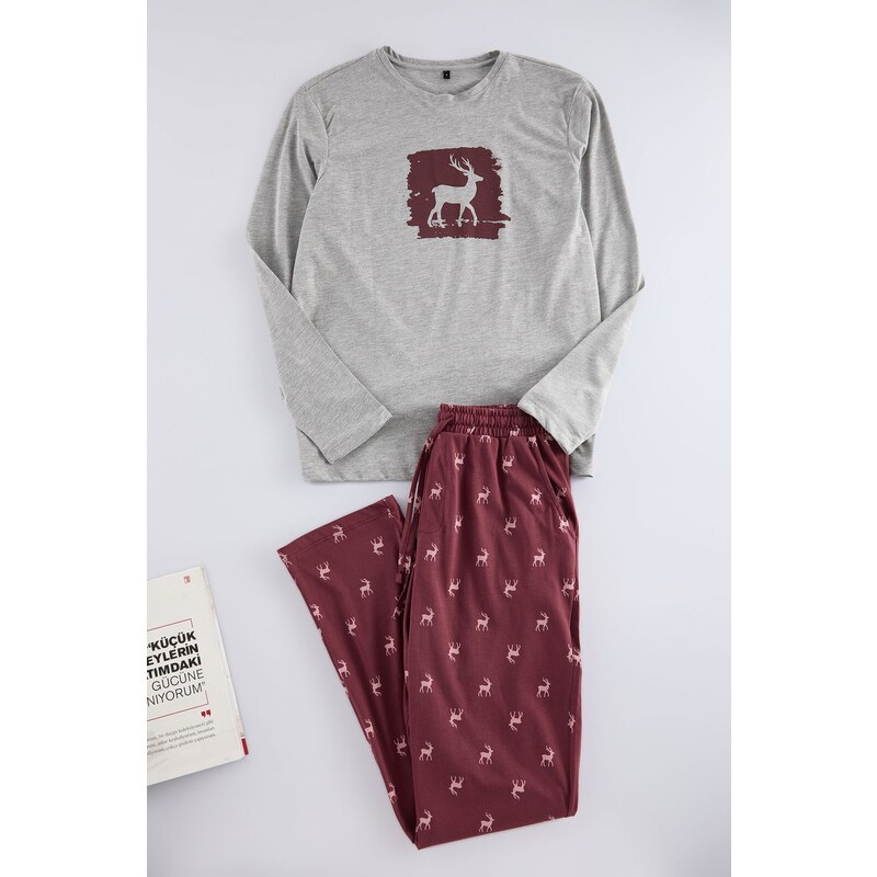 Trendyol Mens Claret Red Deer Printed Regular Fit Knitted Pajama Set 57584203
