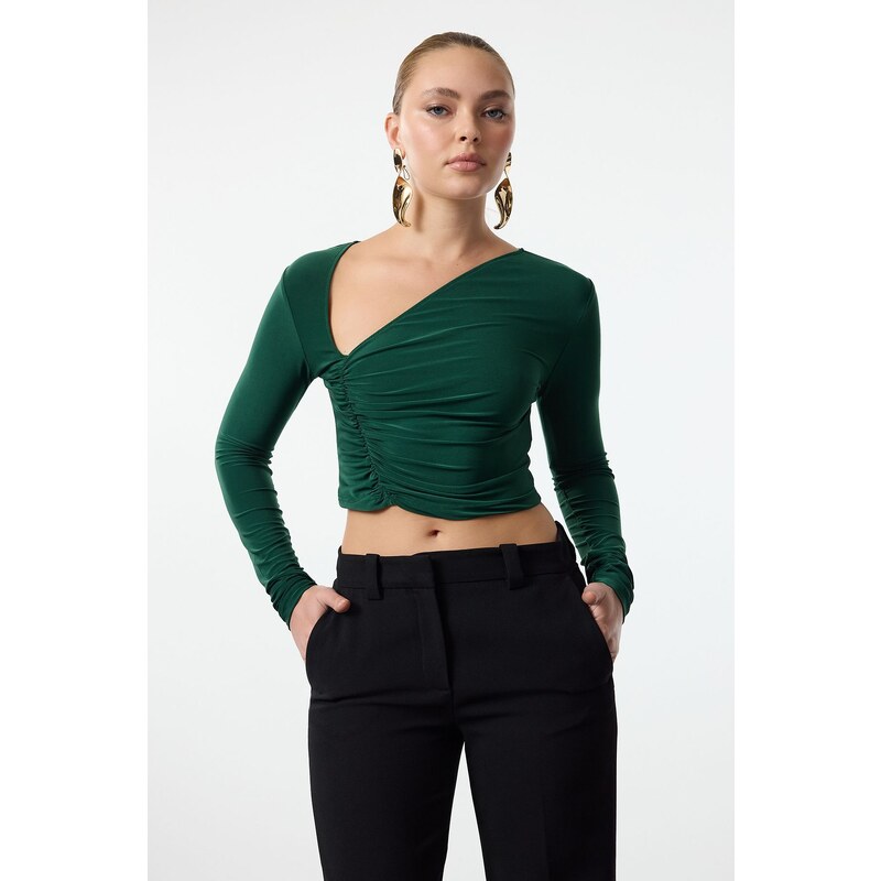 Trendyol Emerald Green Crop Draped Knitted Blouse 58339634