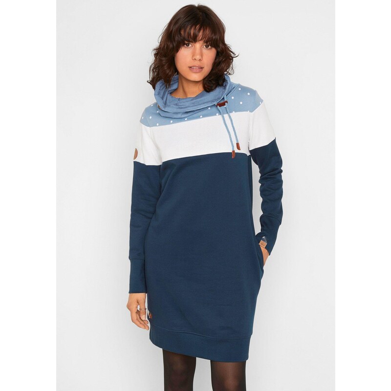bonprix Mikinové šaty s veľkým golierom, farba modrá 44791121