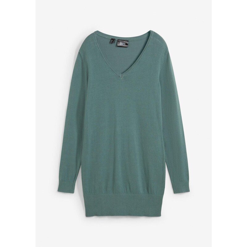 bonprix Dlhý pletený pulóver, basic, výstrih do V, farba zelená 57674568