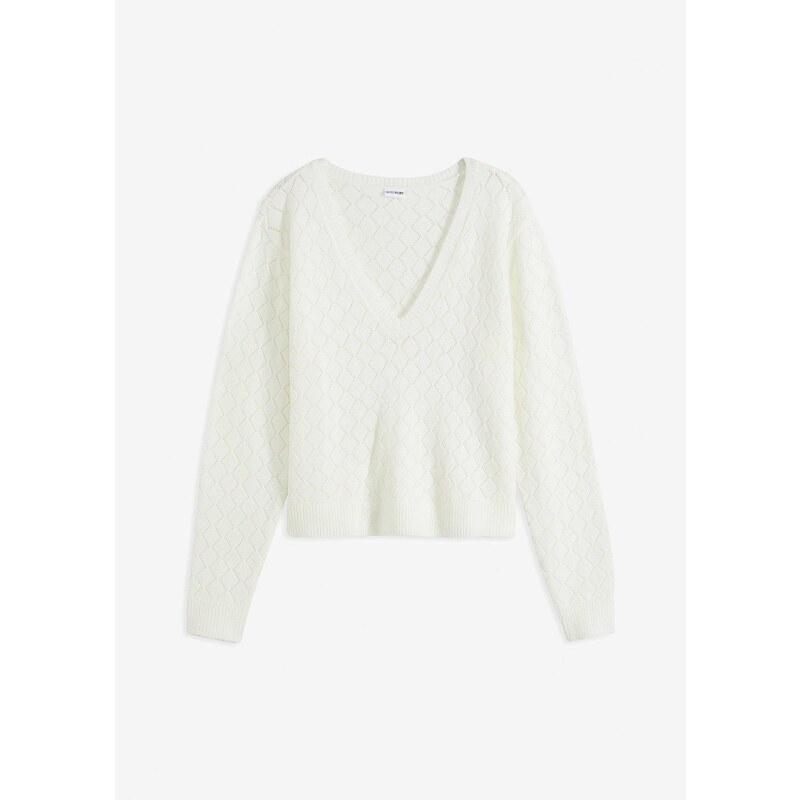 bonprix Krátky ažúrový pulóver, farba biela 57674638