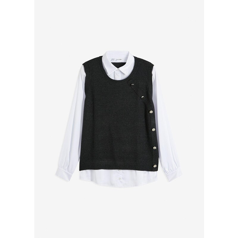 bonprix Pulóver s blúzkovým prvkom, farba šedá 57674787