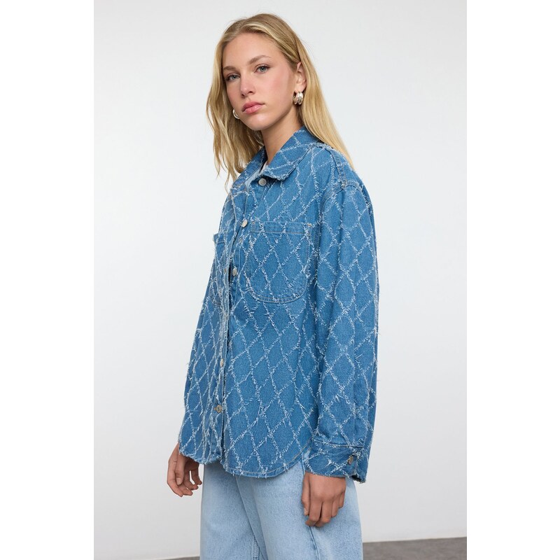 Trendyol Blue Textured Oversize Denim Shirt Jacket 58355932