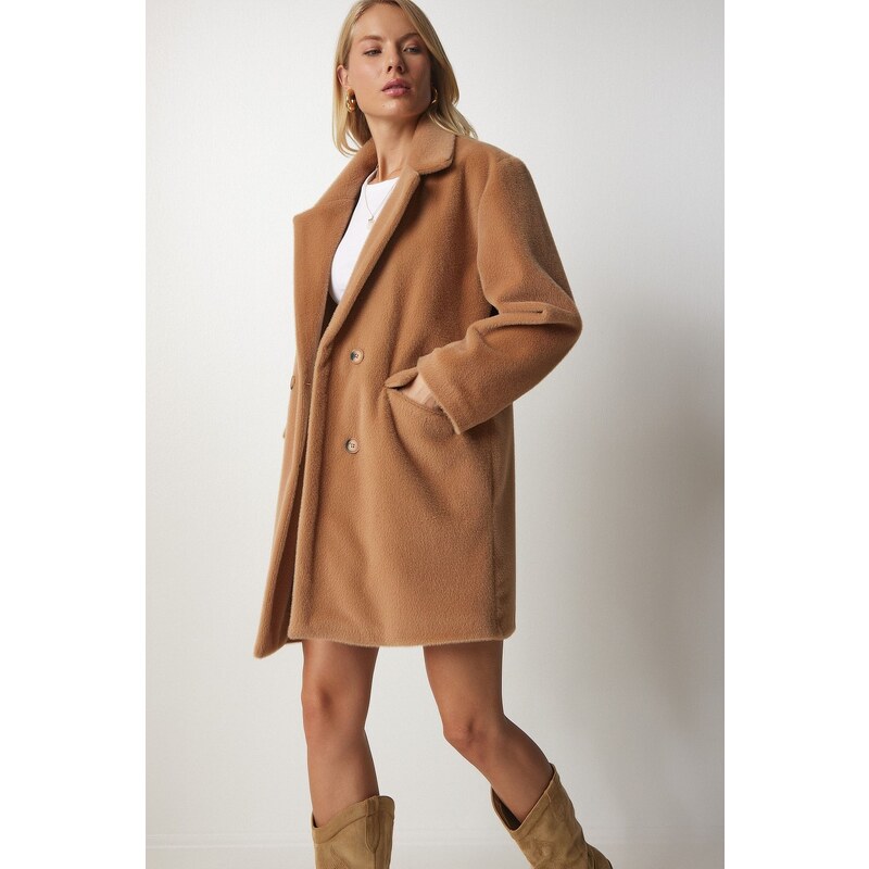 Happiness İstanbul Women's Biscuit Rabbit Hair Look Oversize Coat