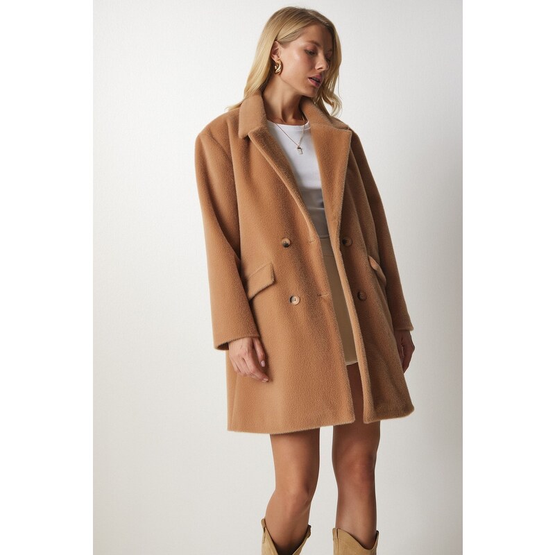 Happiness İstanbul Women's Biscuit Rabbit Hair Look Oversize Coat