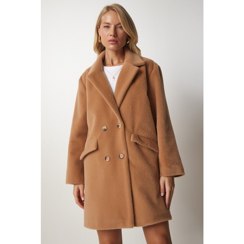 Happiness İstanbul Women's Biscuit Rabbit Hair Look Oversize Coat