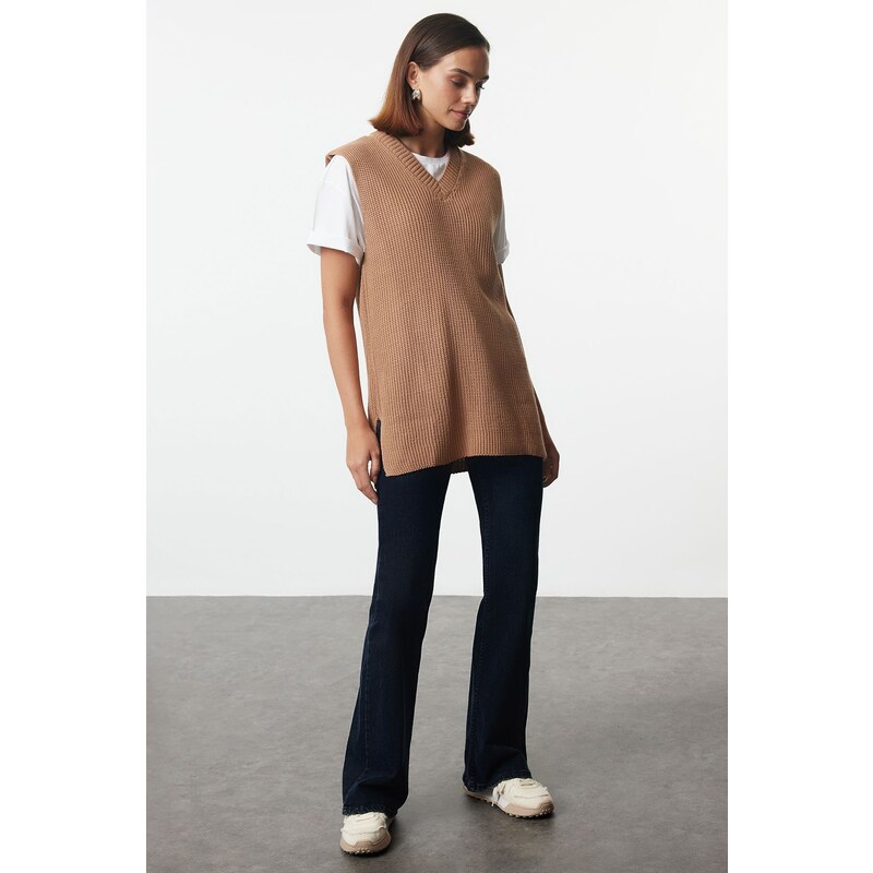 Trendyol Camel Basic V-Neck Knitwear Sweater 57760227