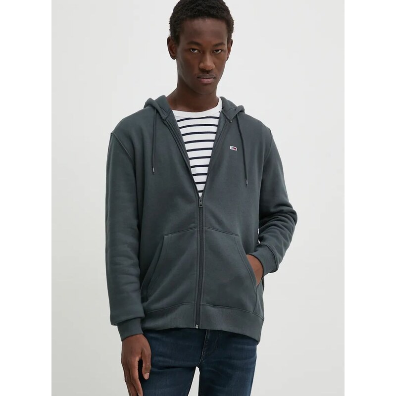 Mikina Tommy Jeans pánska, šedá farba, s kapucňou, jednofarebná, DM0DM20743