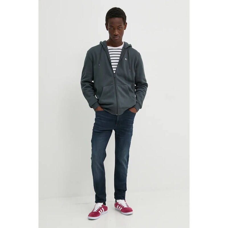 Mikina Tommy Jeans pánska, šedá farba, s kapucňou, jednofarebná, DM0DM20743