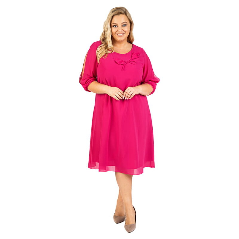 (veľ. 46) Šifónové šaty s 3D aplikáciou kvetu fuksiové 63884824