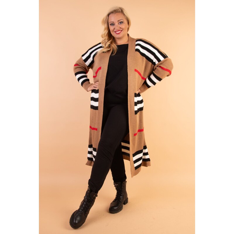 Dlhý kardigán s pruhmi hnedý 57806609