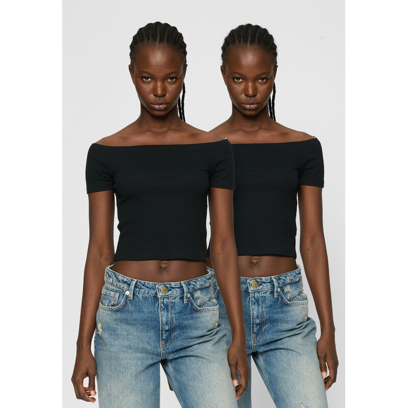Urban Classics Womens Organic Off Shoulder Rib T-Shirt - 2 Pack Black 50679669