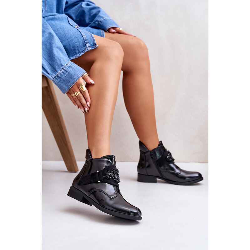 Lacquered womens ankle boots with decoration insulated S.Barski black 58481447