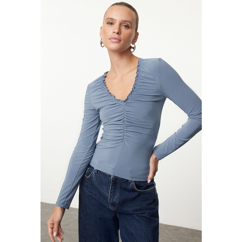 Trendyol Indigo Ruffle/Drape Detailed V-Neck Fitted Flexible Knitted 58355975