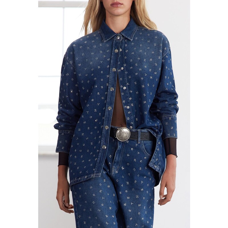 Trendyol Limited Edition Blue Jewelled Oversize Denim Jacket 57599708