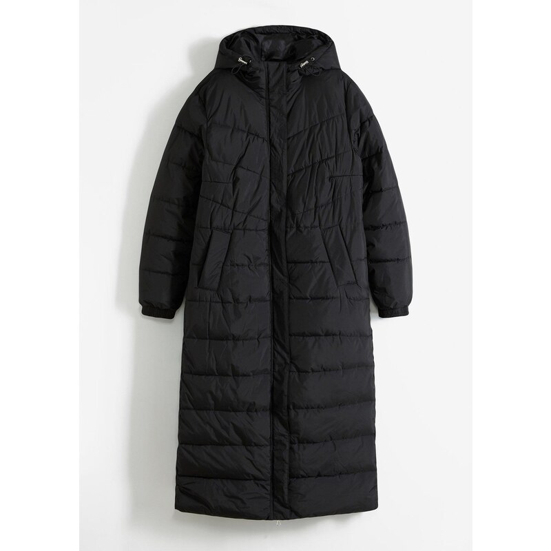 bonprix Dlhý prešívaný kabát s kapucňou, farba čierna 44793103