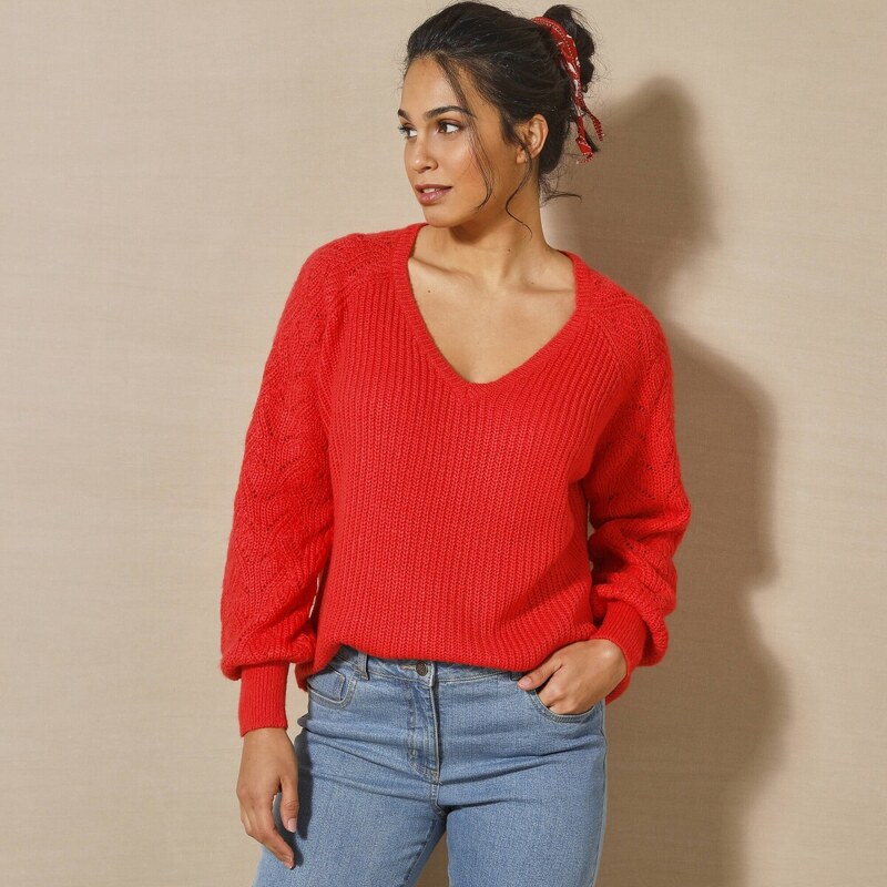 Pulóver s výstrihom do V mohérový na dotyk červená 036 Blancheporte 58166438
