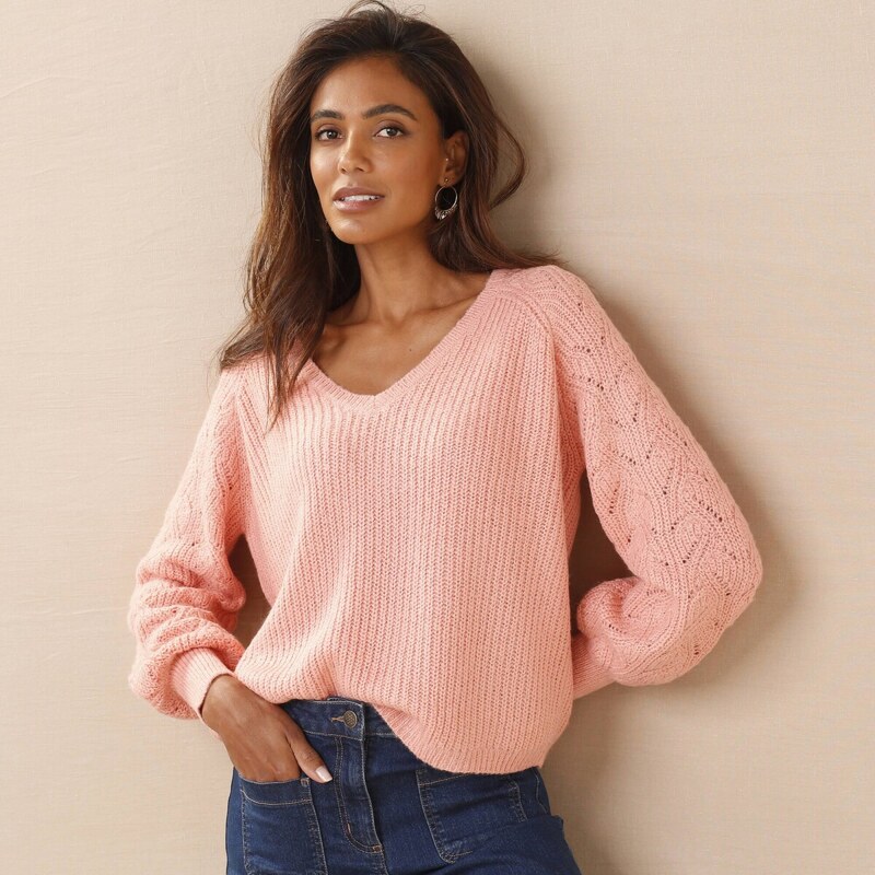 Pulóver s výstrihom do V mohérový na dotyk ružová pudrová 044 58166440