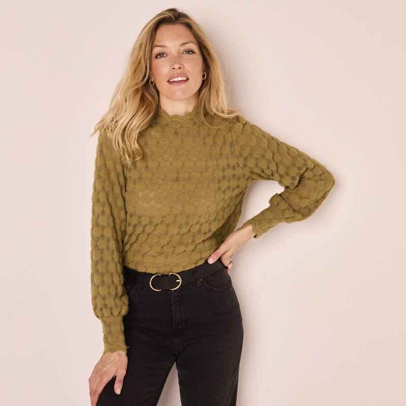 Blúzka so vzorom z česaného úpletu khaki 048 Blancheporte 58166487