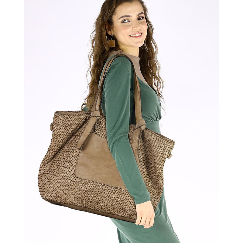 MARCO MAZZINI Originálna dámska pletená kožená nákupná taška | béž 58167365