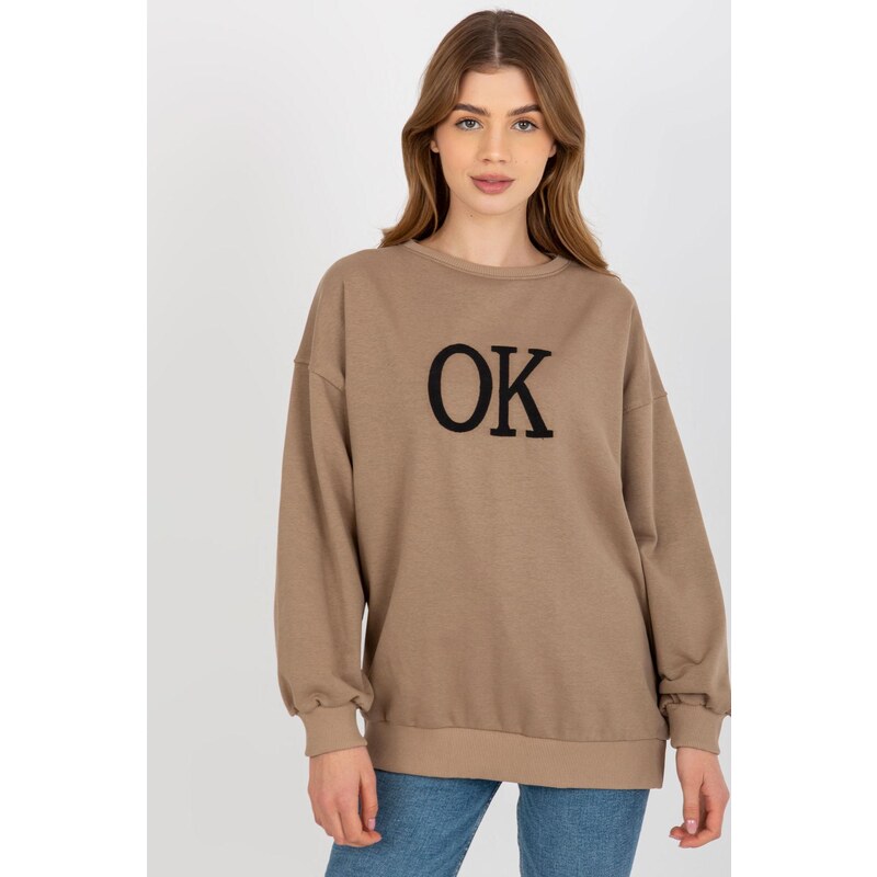 MladaModa Voľná mikina bez kapucne s vyšívaným nápisom OK béžová 58181311