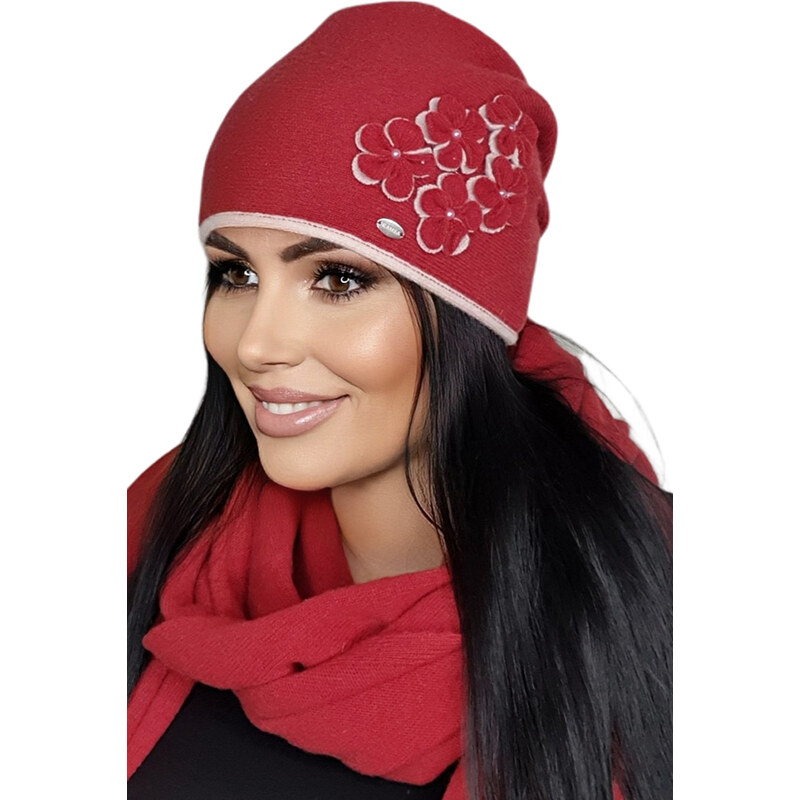 Kamea Červená dámska zimná čiapka s kvietkami Lorelli, Farba červená 58181736
