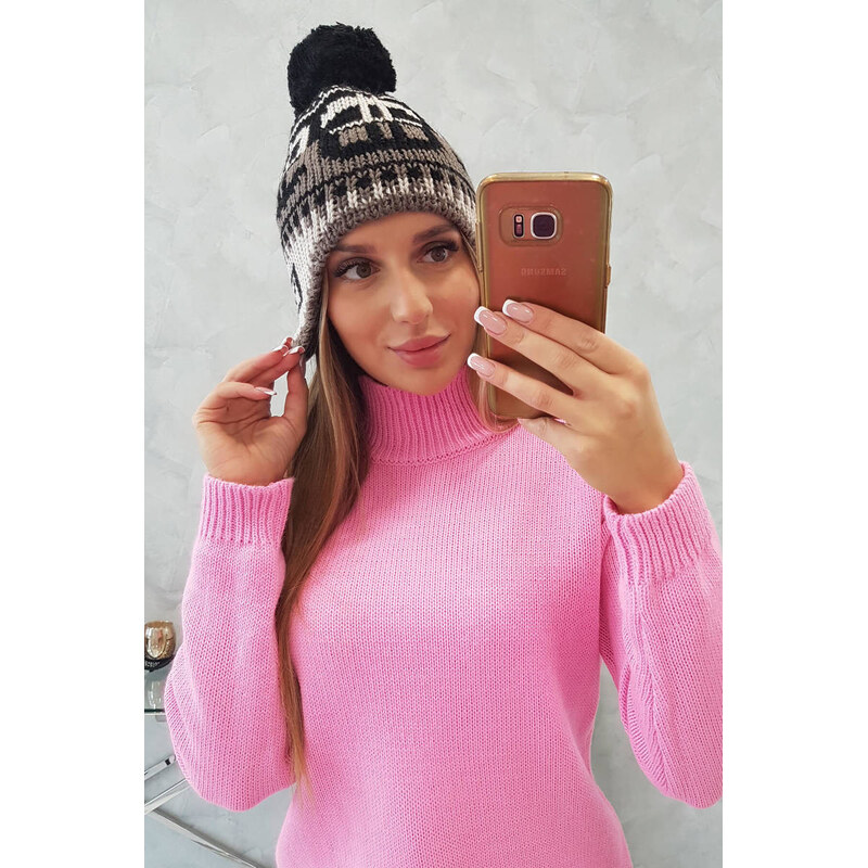 K-Fashion Rosa dámska čiapka s brmbolcom K368 čierna+mocca+béžová 44561817