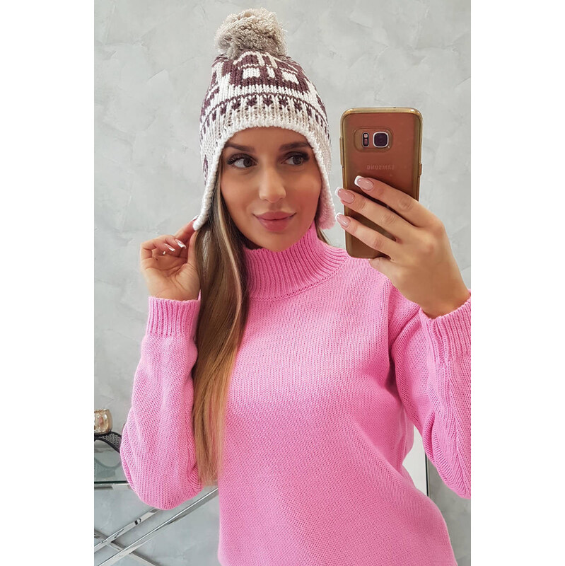 K-Fashion Dámska čiapka s brmbolcom Rosa K368 vínová+biela+béžová 44561818