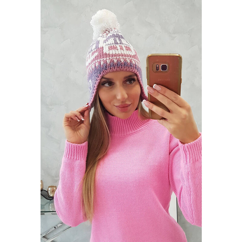 K-Fashion Rosa dámska čiapka s bambulou K368 fialová+biela+tmavoružová 61639015