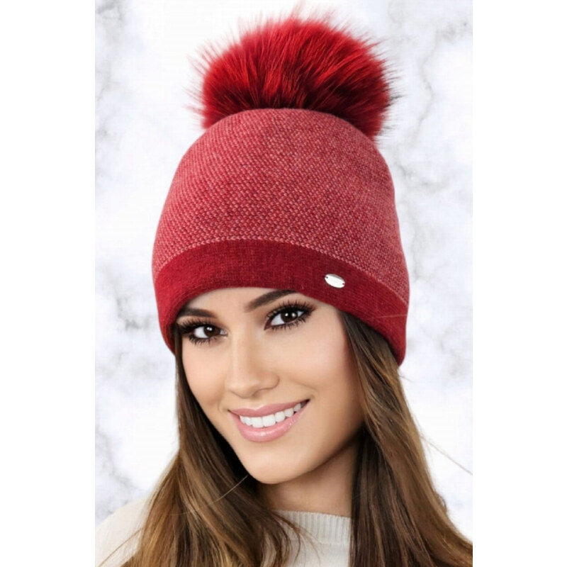 Kamea Vínová dámska zimná čiapka s kožušinovým brmbolcom Aloes, Farba 58225271
