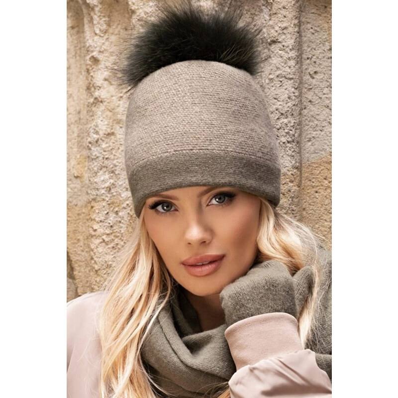 Kamea Khaki dámska zimná čiapka s kožušinovým brmbolcom Aloes, Farba 58225262