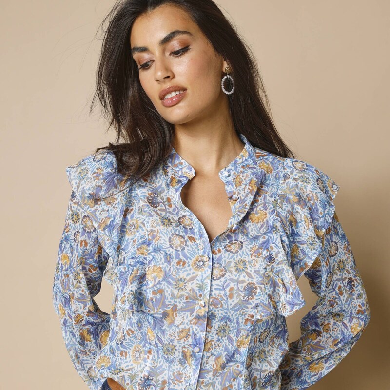 Košeľová blúzka s volánmi a potlačou ražná/modrá 042 Blancheporte 58234549