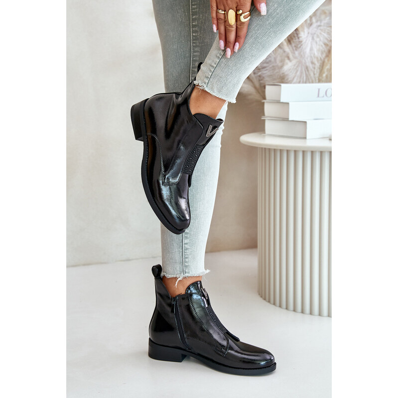 Patent leather womens ankle boots with a flat heel insulated black S 59905814