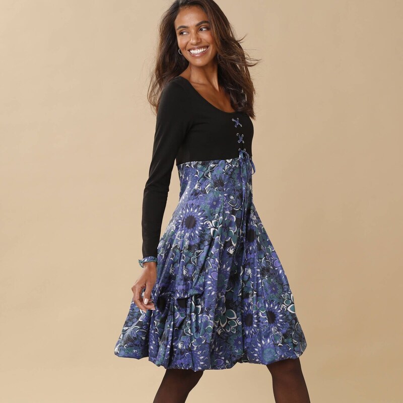 Šaty s potlačou a dlhými rukávmi čierna/smaragdová 048 Blancheporte 58265003