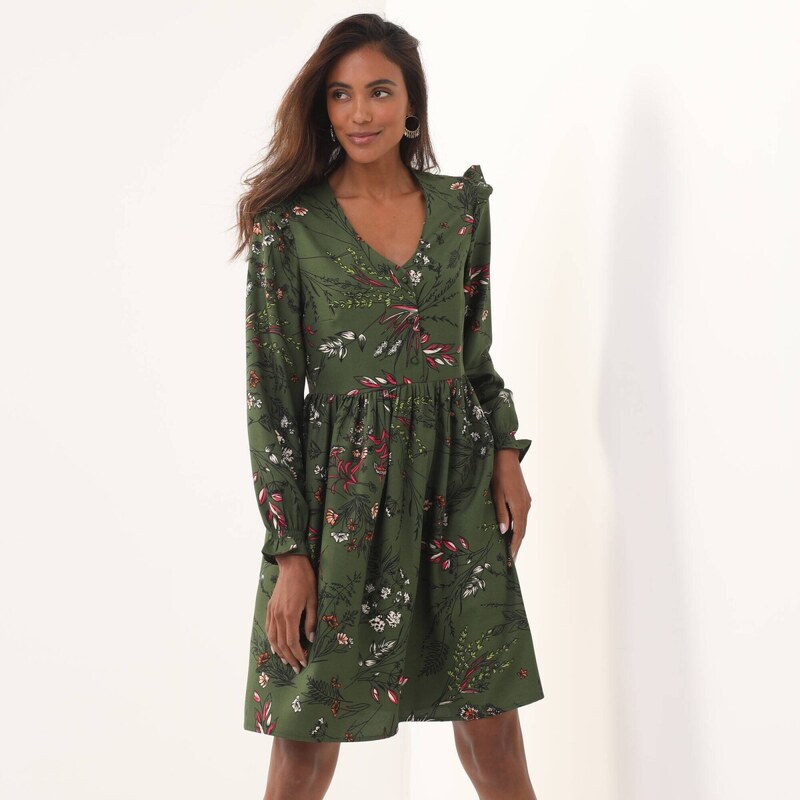 Šaty s výstrihom do V khaki/ružová 038 Blancheporte 58265007