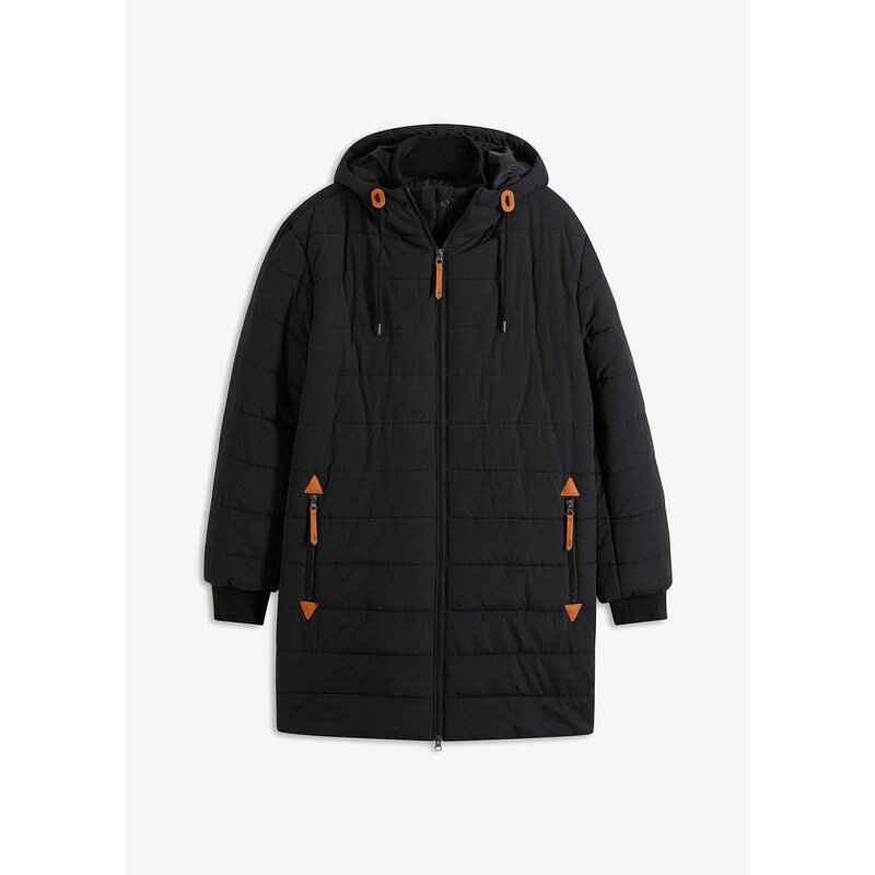 bonprix Prešívaná bunda s kapucňou, koženkové detaily, farba čierna 58272204