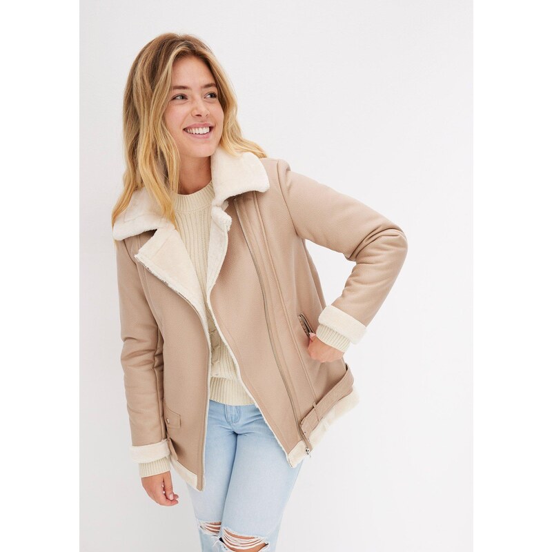 bonprix Motorkárska bunda z umelej kožušiny, farba šedá 58308417