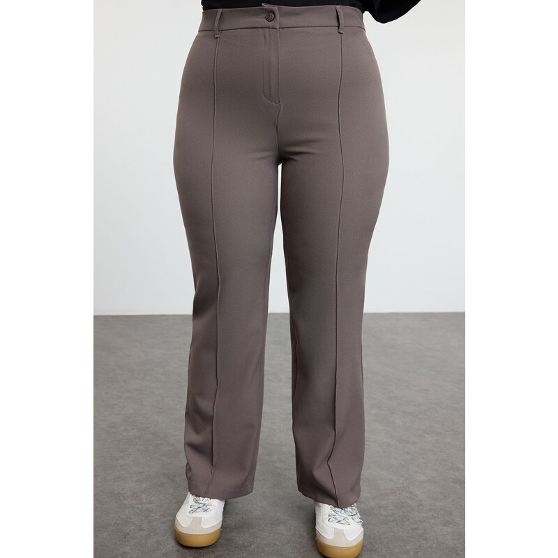 Trendyol Curve Grey High Waist Ribbed Stitched Spanish Leg Woven 58357948