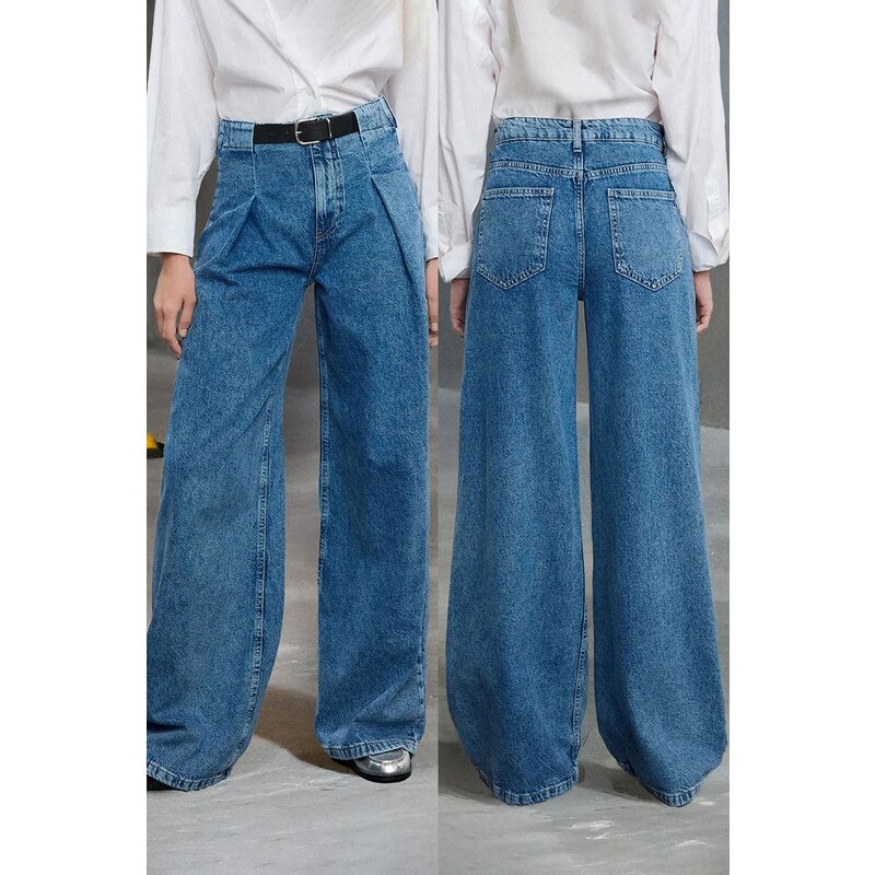 Trendyol Blue Belt Detailed Pleated High Waist Wide Leg Jeans 57357539