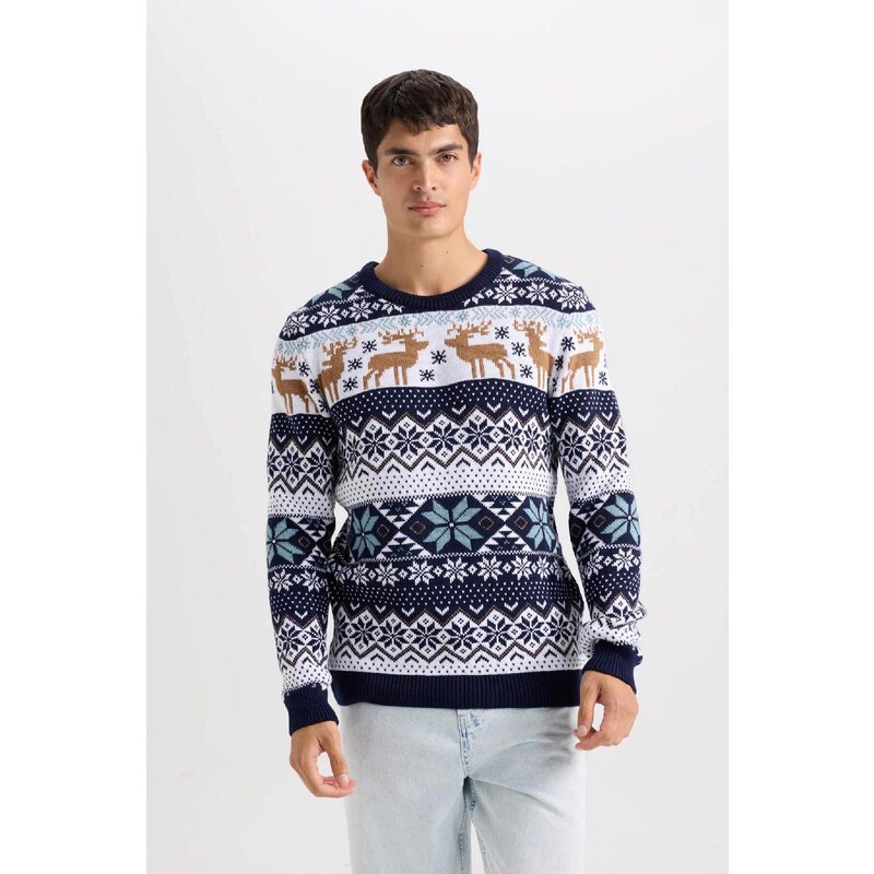 DEFACTO Standard Fit Christmas Themed Crew Neck Knitted Sweater 58406892