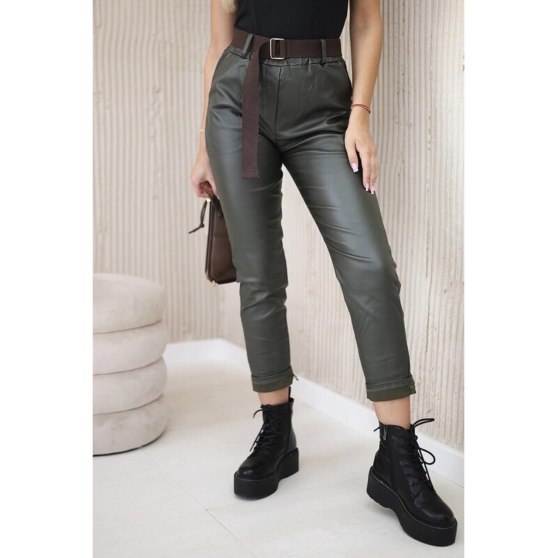 MladaModa Voskované nohavice s opaskom model 52293-1 farba khaki 63034489
