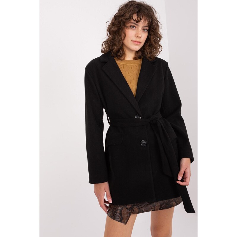 MladaModa Jednoradový kabát s viazaním v páse model 32001 čierny 62861768