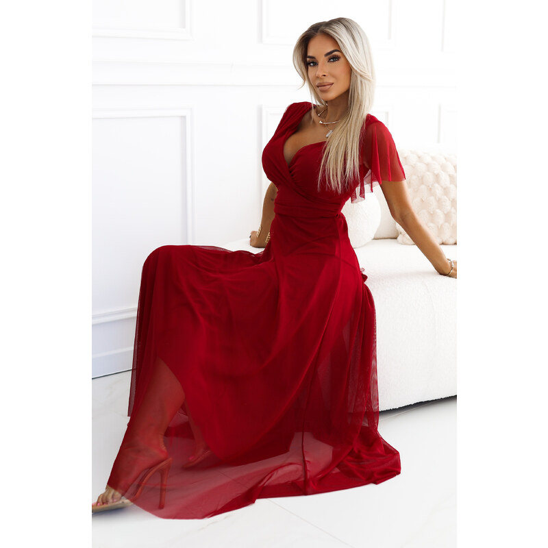 miadresses.sk Bordové tylové šaty s voľnými rukávmi 58463236