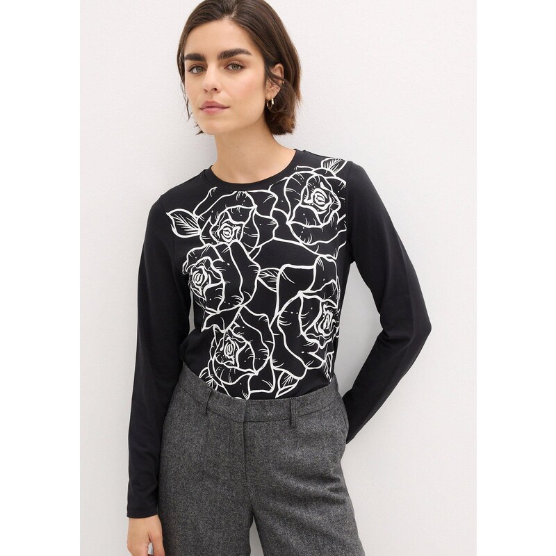 bonprix Tričko s dlhým rukávom s potlačou ruží, farba čierna 58487054