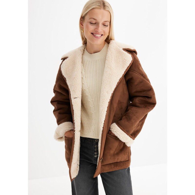 bonprix Bunda Shearling s kapucňou, farba hnedá 66795874