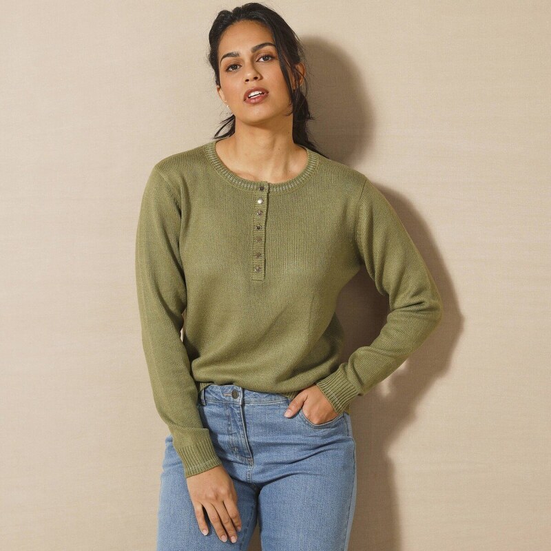 Pulóver s tuniským výstrihom a zlatistými detailmi khaki 044 58509346