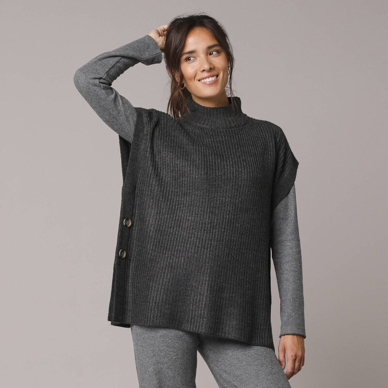 Pulóvrová vesta z hladkého úpletu so stojačikom antracitový melír 040 58509364