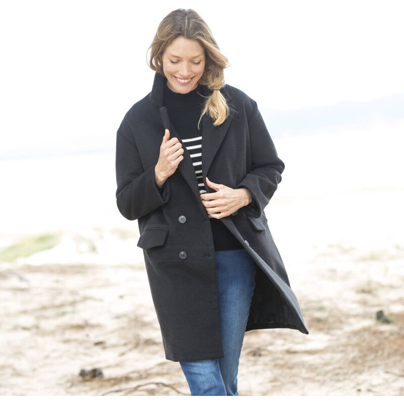 Kabát s kostýmkovým golierom a dvojradovým zapínaním čierna 036 57058929