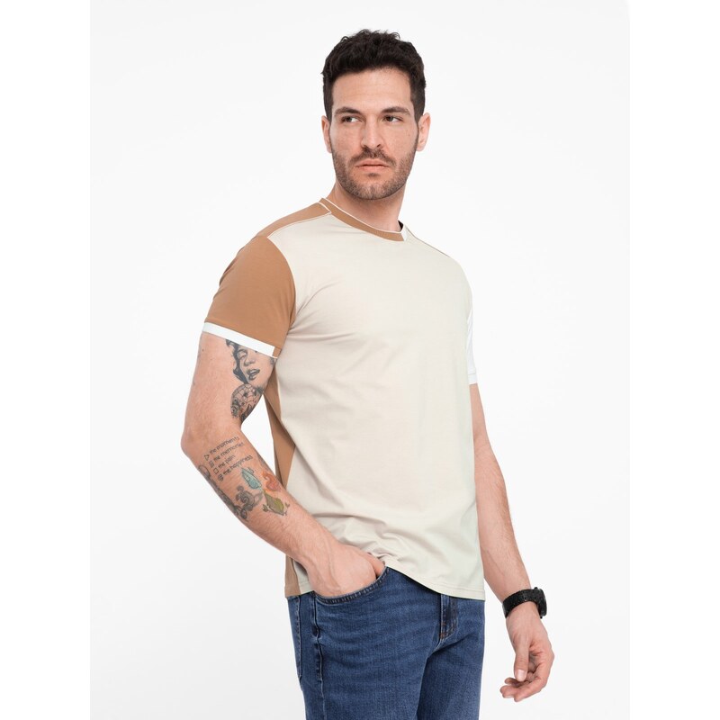 Ombre Mens elastane t-shirt with colored sleeves - brown 51031795