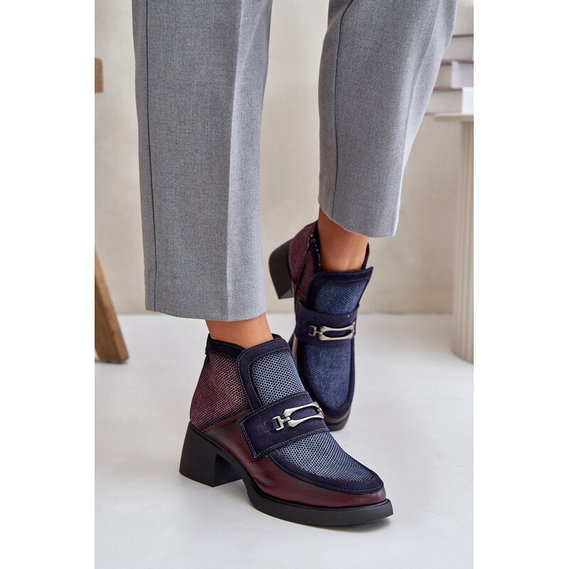 Kožené dámske čižmy na masívnom opätku s ozdobou Maciejka 66108006